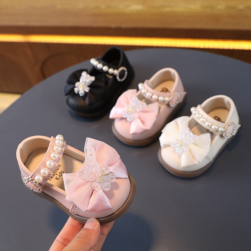 New Kids Leather Girls Shoes Shining Pearl Bows Princess Walking Shoes For Baby Party Wedding Children Spring Summer Dress Shoes