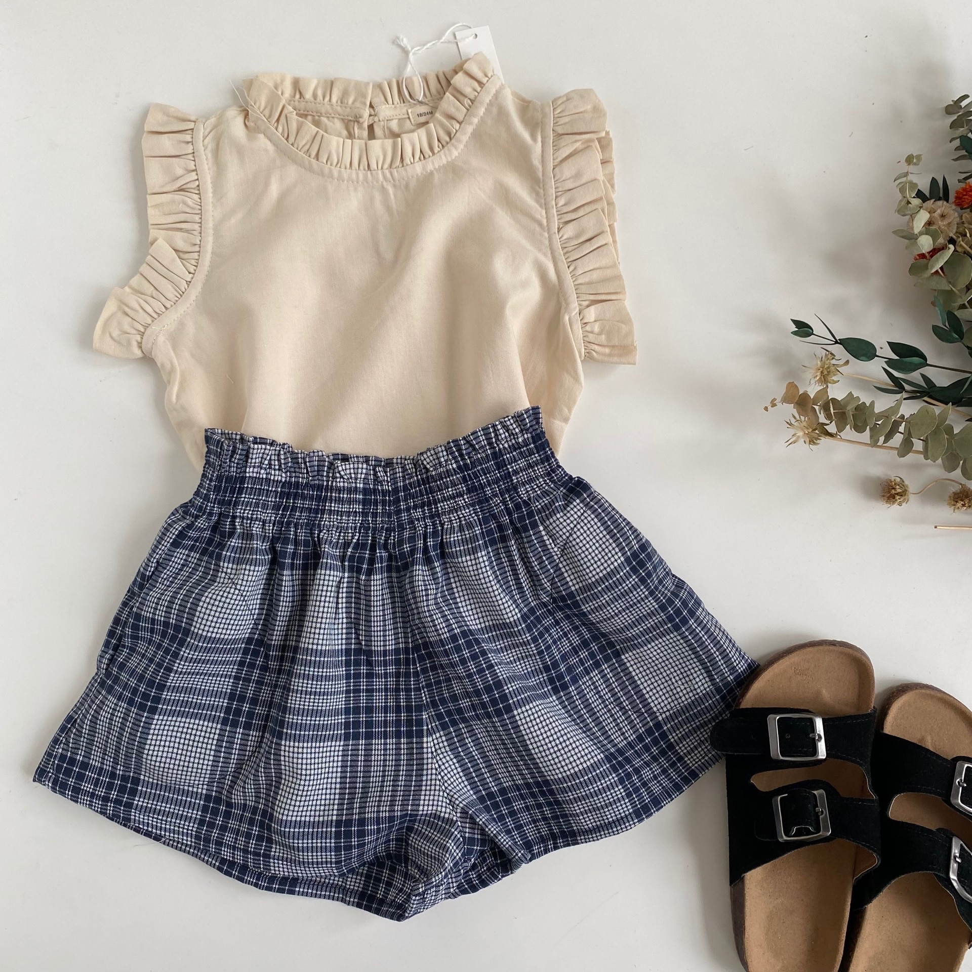 Jenny&Dave 2022 Spring/Summer New Simple Style Pure Cotton Top+Striped Shorts Spot Girl