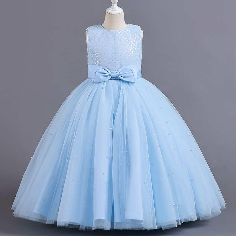 Q93 Children's Dress Girls' Princess Sequin Bubble Sleeve Host Long Mesh Flower Girl Wedding Little Summer Discounts