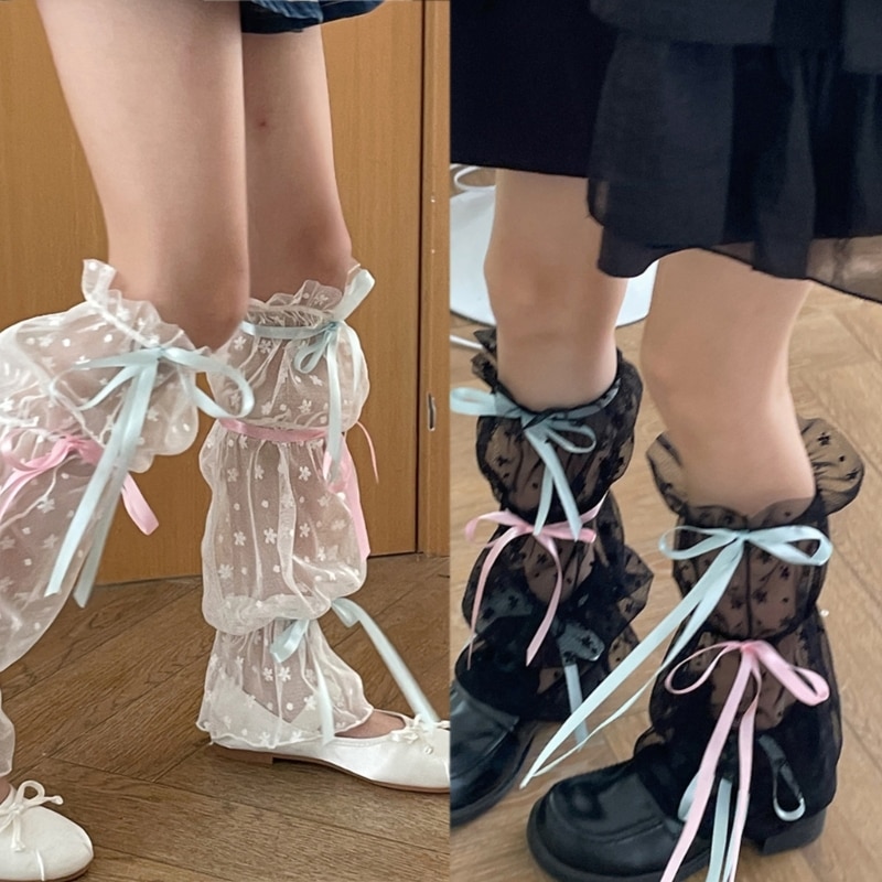 Summer Solid Gauzes Pile Leg Warmers Sweet Subculture-Japanese-Cute Style Jokers Bows Stocking for Womens Daily