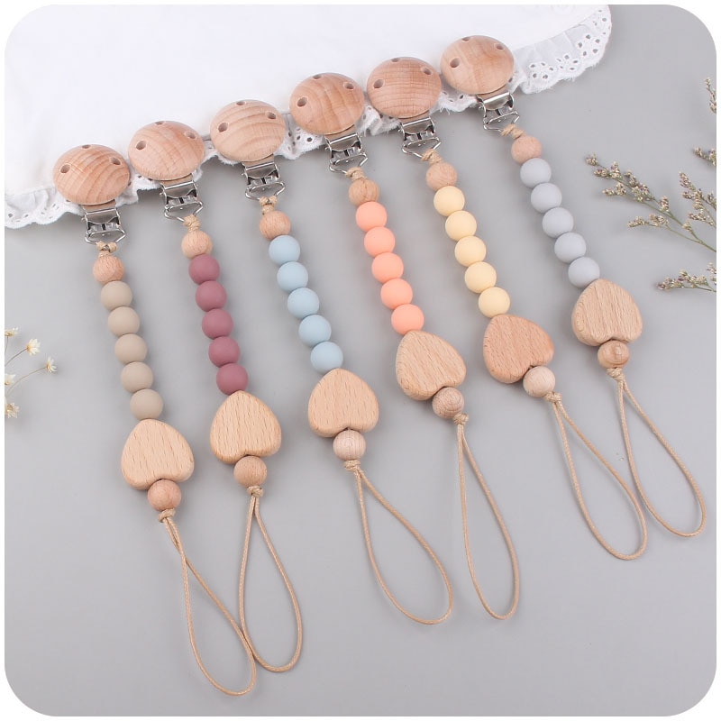 Silicone Love Pacifier Chain Wood Chew Beads Pacifier Clips Dummy Chain Holder Cute Soother Chains Toddler Teething Toy
