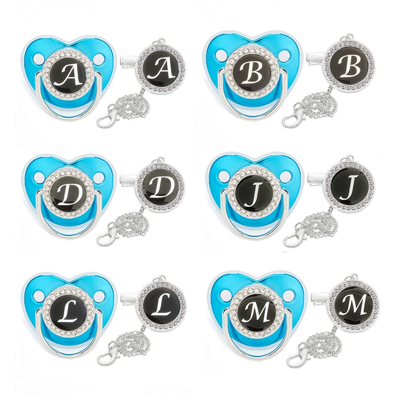 26 Name Initials Baby Pacifiers Clip Toddler Nipple Luxury Blue Bling 26 Letter Infant Nipple Boy Girl Baby Accessories BPA Free