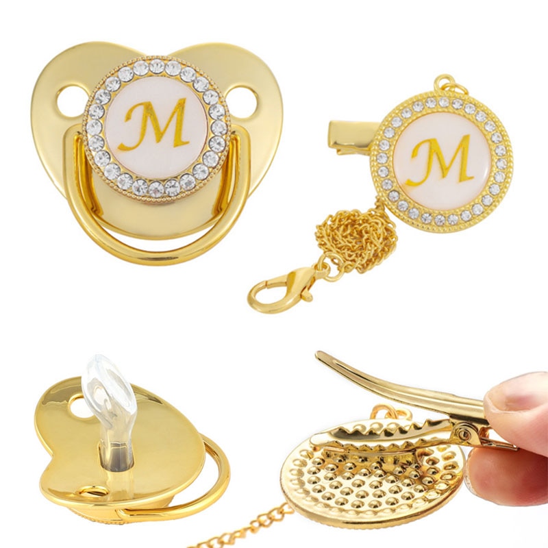 Gold Bling Name Initial Letter Baby Pacifier and Clip Alphabet Letter Infant Pacifier Unique Name Initials Baby Shower Gifts