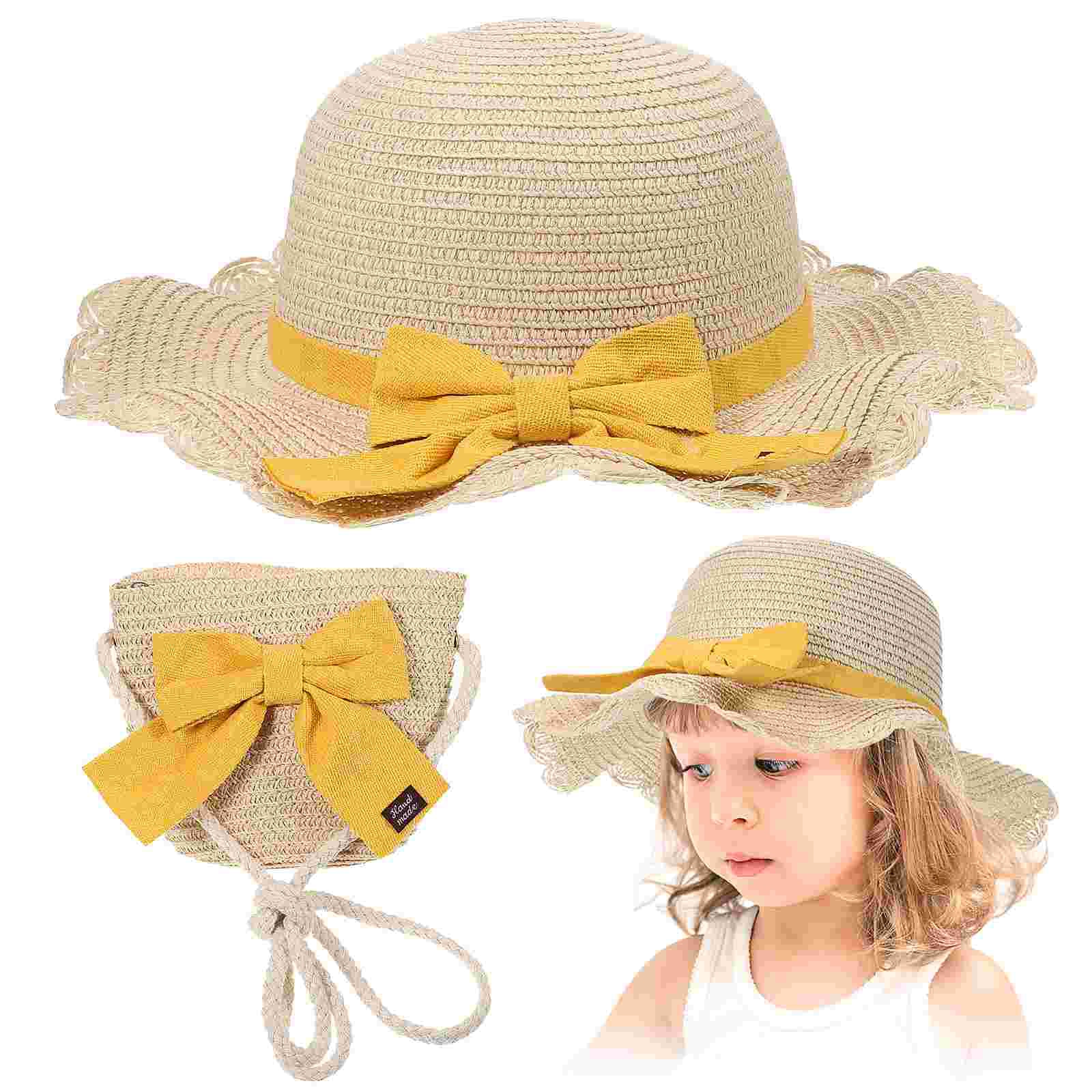 Two Piece Summer Set Straw Hat and Shoulder Bag Set Bowknot Decor Wide Edge Sun Hat Crossbody Bag for Summer Beach