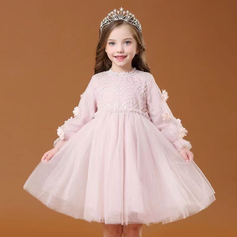 Fashion Girl Princess Dress Flower Long Sleeves Fluffy Yarn Vestidos Spring&Autumn Lace Dress Festa Birthday Party Wedding 2