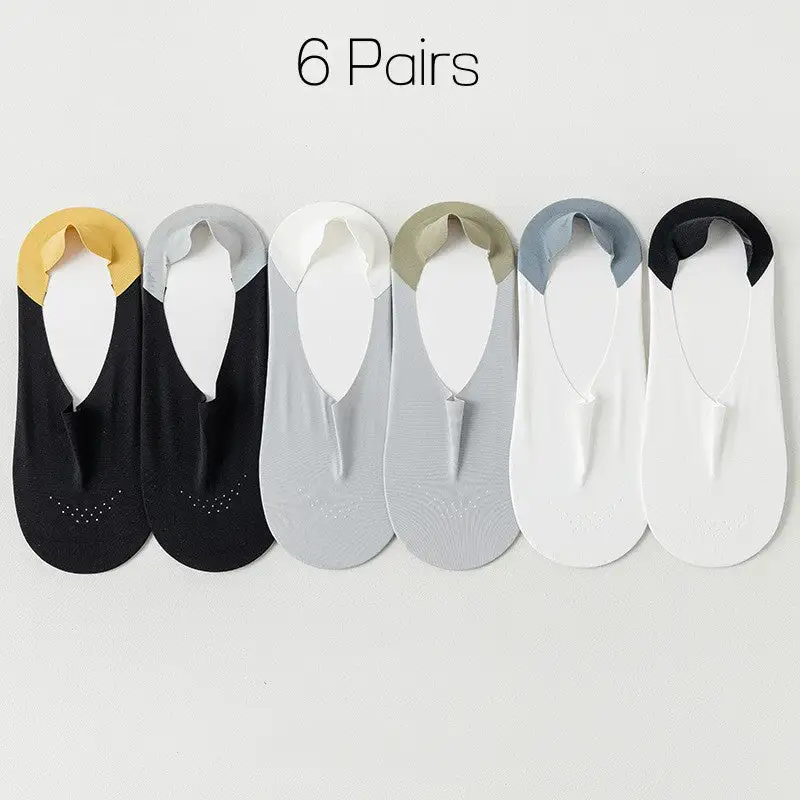6 Pairs Boat Socks Breathable Ice Silk Non-slip Socks Cotton Men's Summer Thin Ice Feeling Invisible Short Socks Color Matc