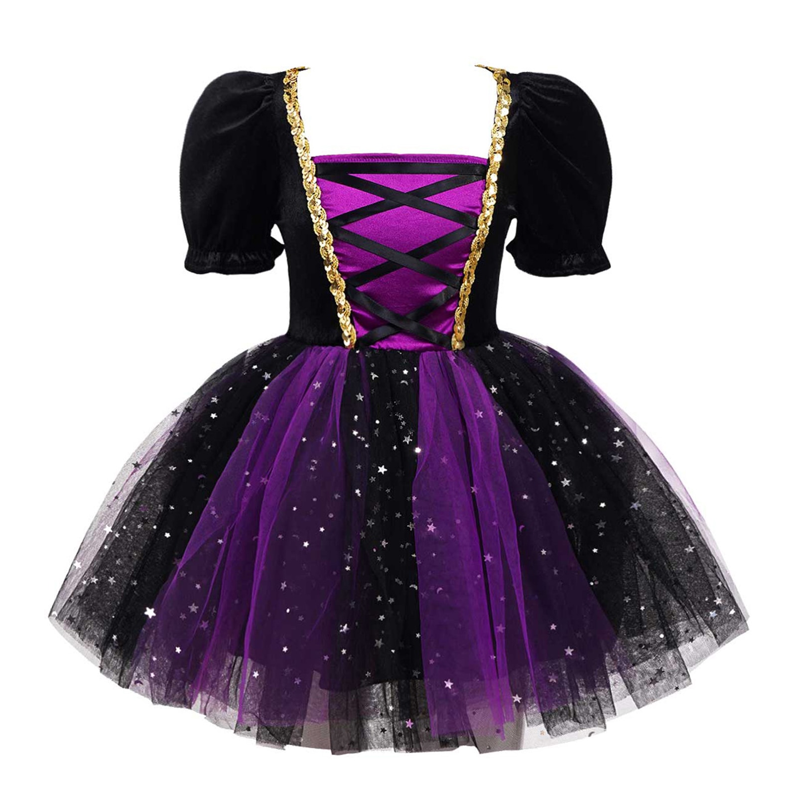 Kids Girls Witch Costume Short Bubble Sleeve Glittery Mesh Tutu Dress for Theme Party Halloween Cosplay Dress Up Performance