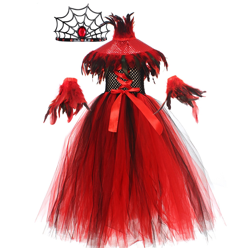 2023 Halloween Costume Girl Demon Witch Dress Red Mesh Elegant Gown Vampire Cosplay Children Carnival Party Vestido Spider Queen