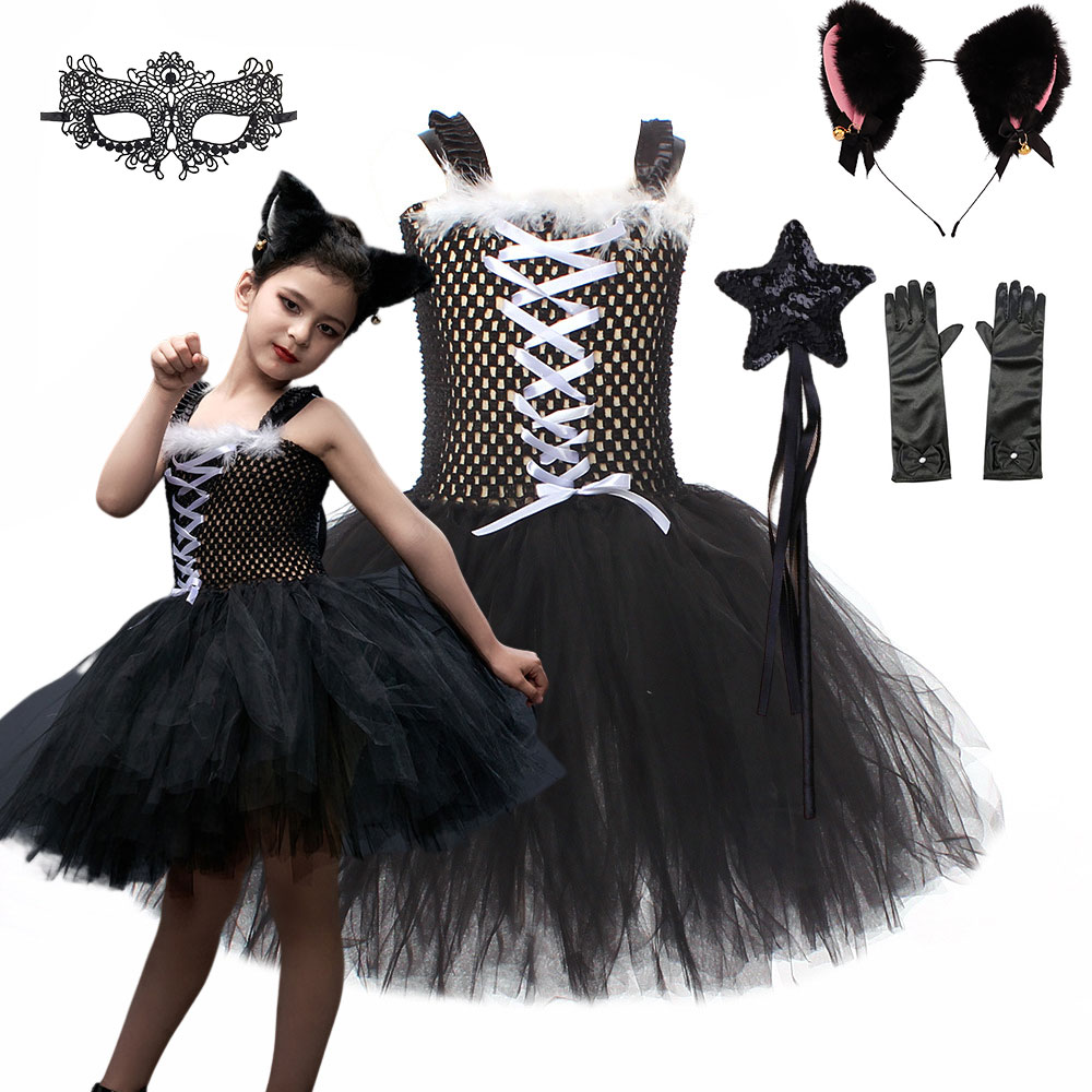 Girl Hollow Mesh Dress Sleeveless Cat Girl Dress Up Halloween Carnival Party Cosplay Costume Children Tutu Performance Clothes