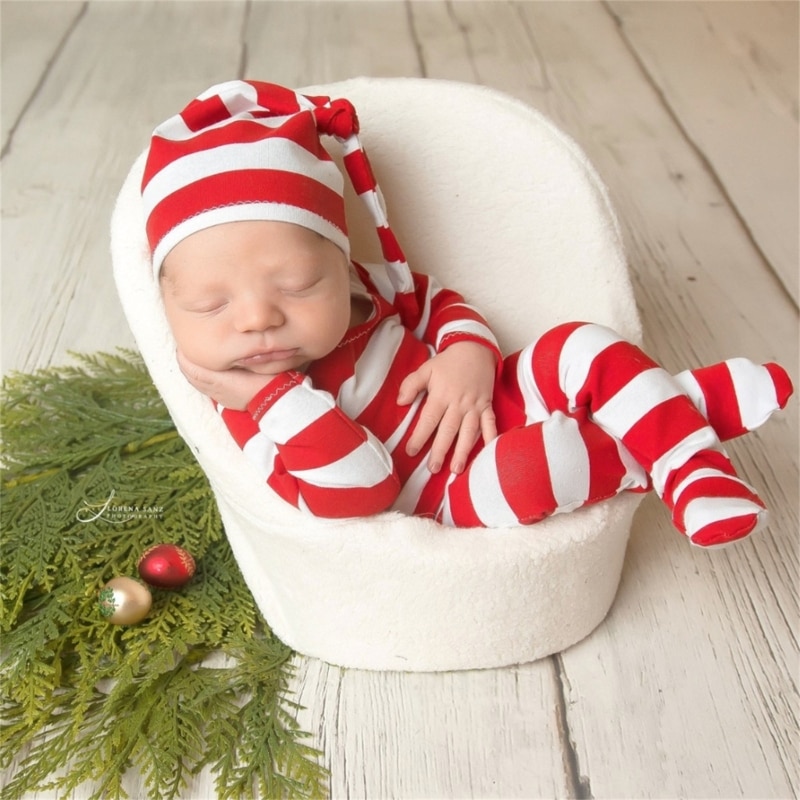 Baby Unisex Christmas Elf Outfits Newborn Boys Girls Photo Shoot Props Outfits Santa Claus Red Hat Footed Pants Decor A2UB