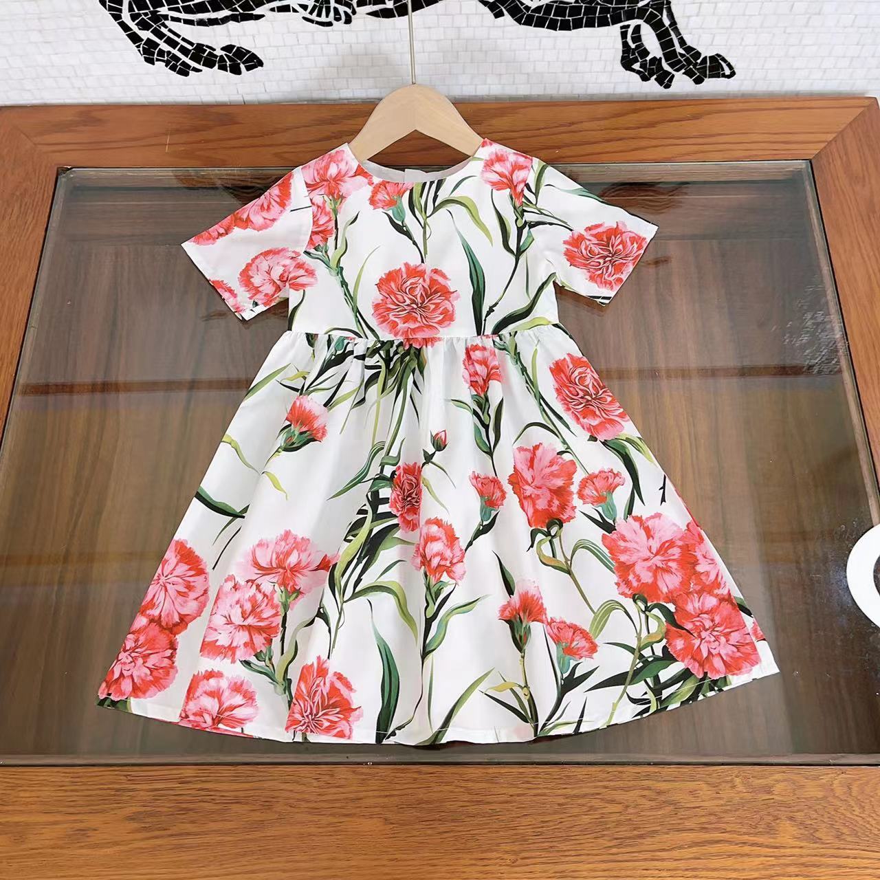 JICUSYAN High-end Children Clothing Summer 2023 New Girl Style Short-sleeved Beach Dress Vintage Flower Print Sicily