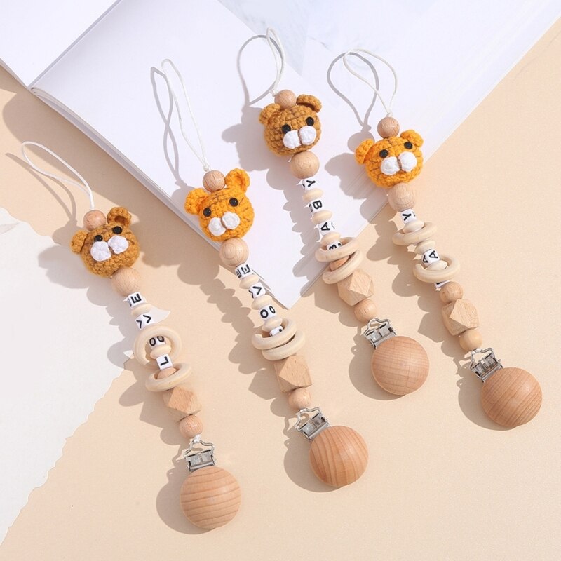 Baby Clip Knitted Animal Soother Chain Holder Boys Girls Pacifier Clip Wood Baby Teething Toy Newborn Shower Gift