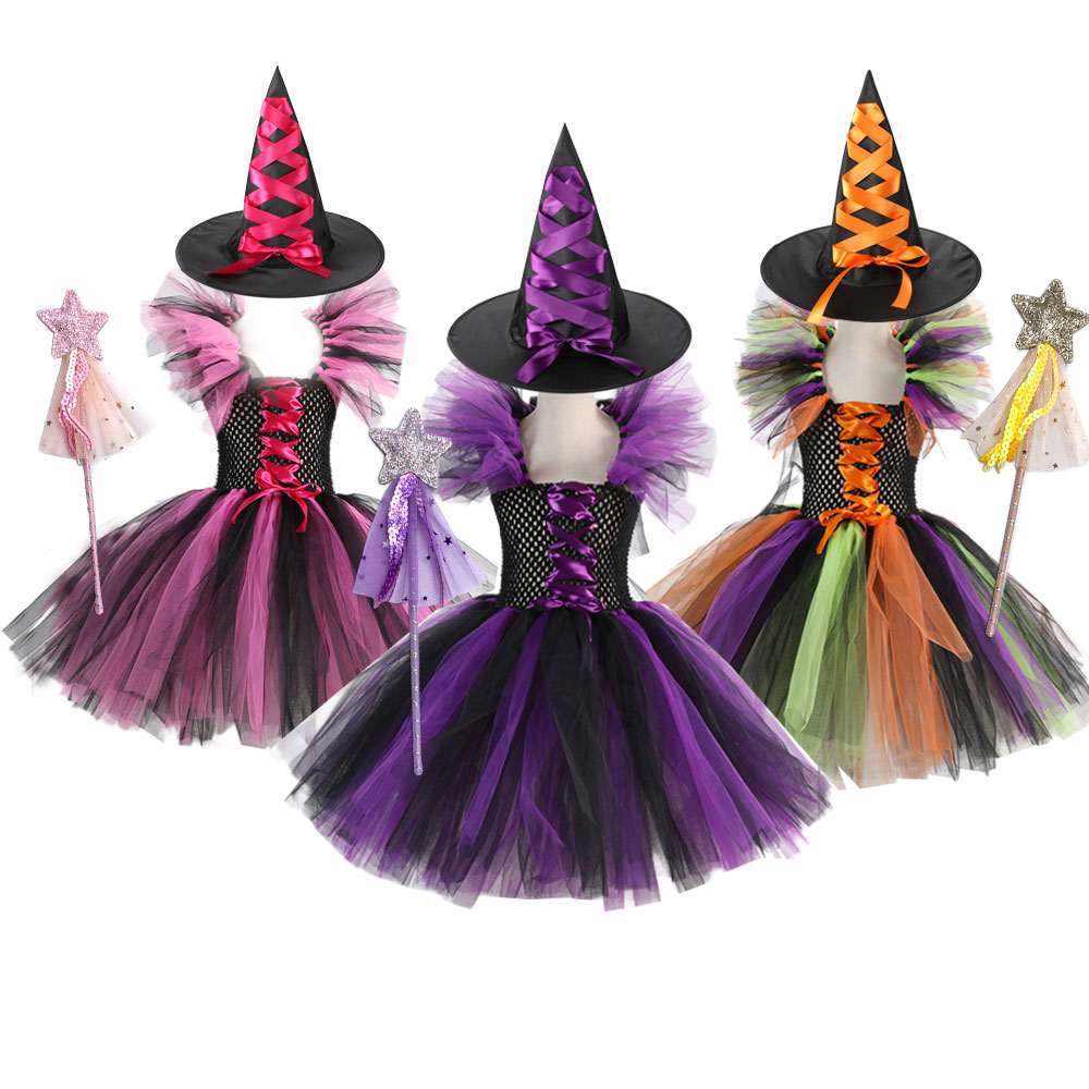 2023 Halloween Costume Girls Witch Tutu Dress Flying Sleeve Mesh Tulle Dresses Party Carnival Cosplay Outfit Fantasia Clothing