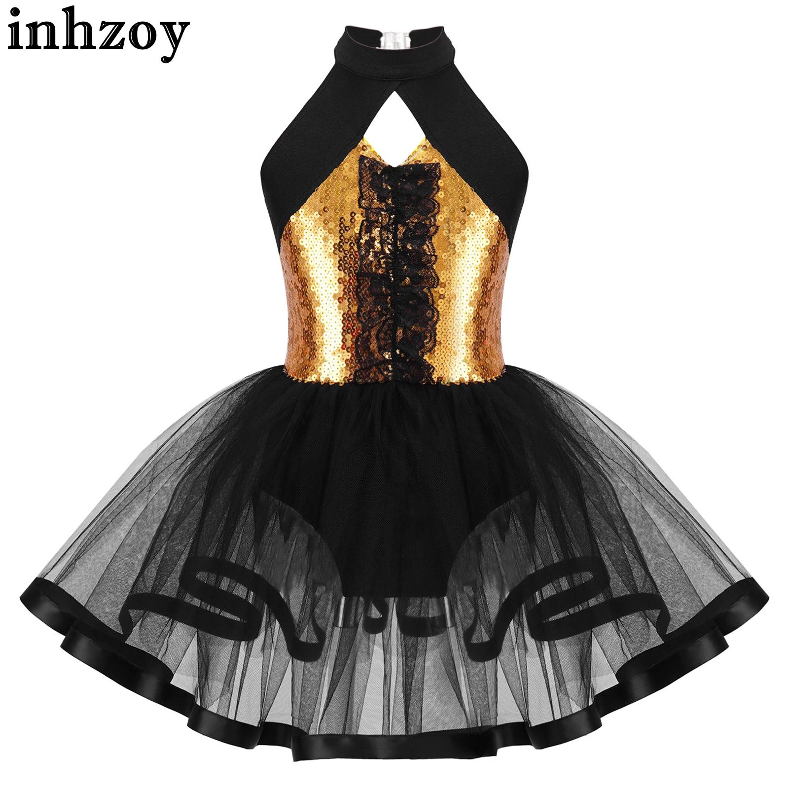 Kids Girls Halter Neck Ballet Tutu Dress Shiny Sequins Cutout Back Dress Latin Dance Performance Costume Ballerina Dancewear