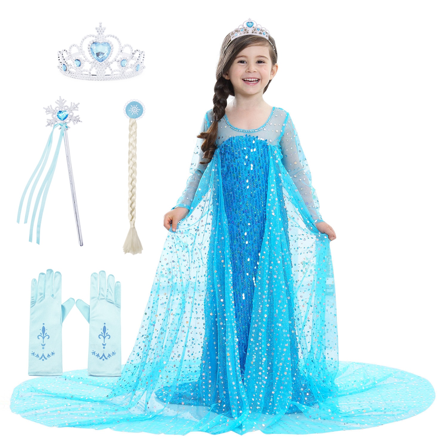Jurebecia Girls Elsa Costume Dress Kids Princess Fancy Dress Up Birthday Party Dresses Sequin Dress Carnival Formal Dress