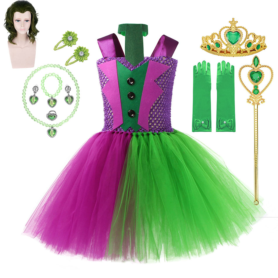 Girl Sleeveless Straps Dress Joker Cosplay Costumer Party Halloween Carnival Tutu Dress Children Dress Up Color Clashing Clothes
