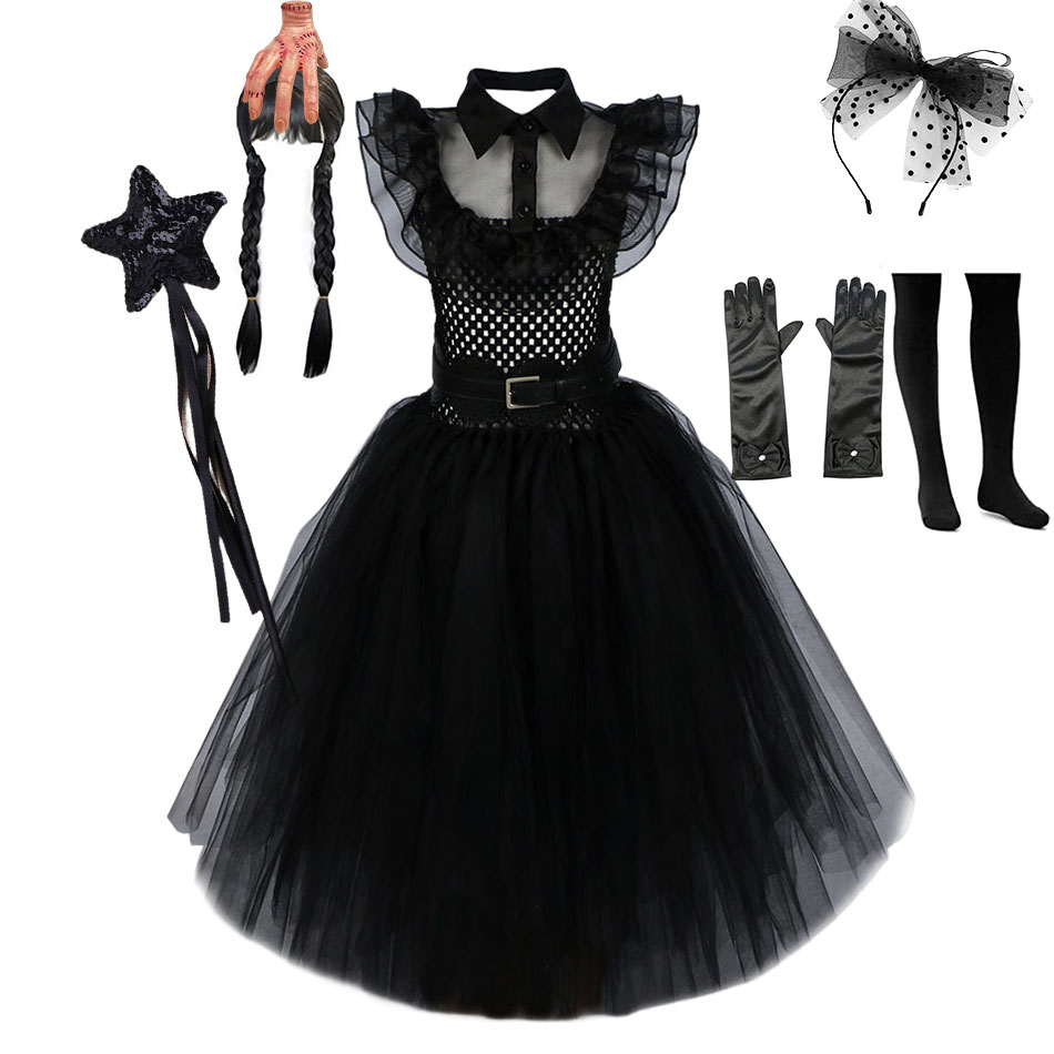 Movie Wednesday Addams Costume for Girl Black Dress Elegant Gothic Clothes Carnival Halloween Party Mesh Robe Children Vestidos