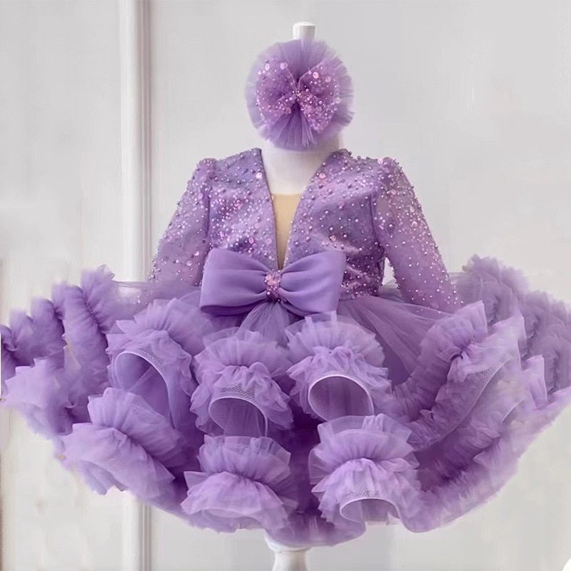 New Long Sleeve Sequins Bow Girls' Poncho Dress Wedding Flower Girl Sisters Wedding Dress Fashionable Versatile Evening Dre