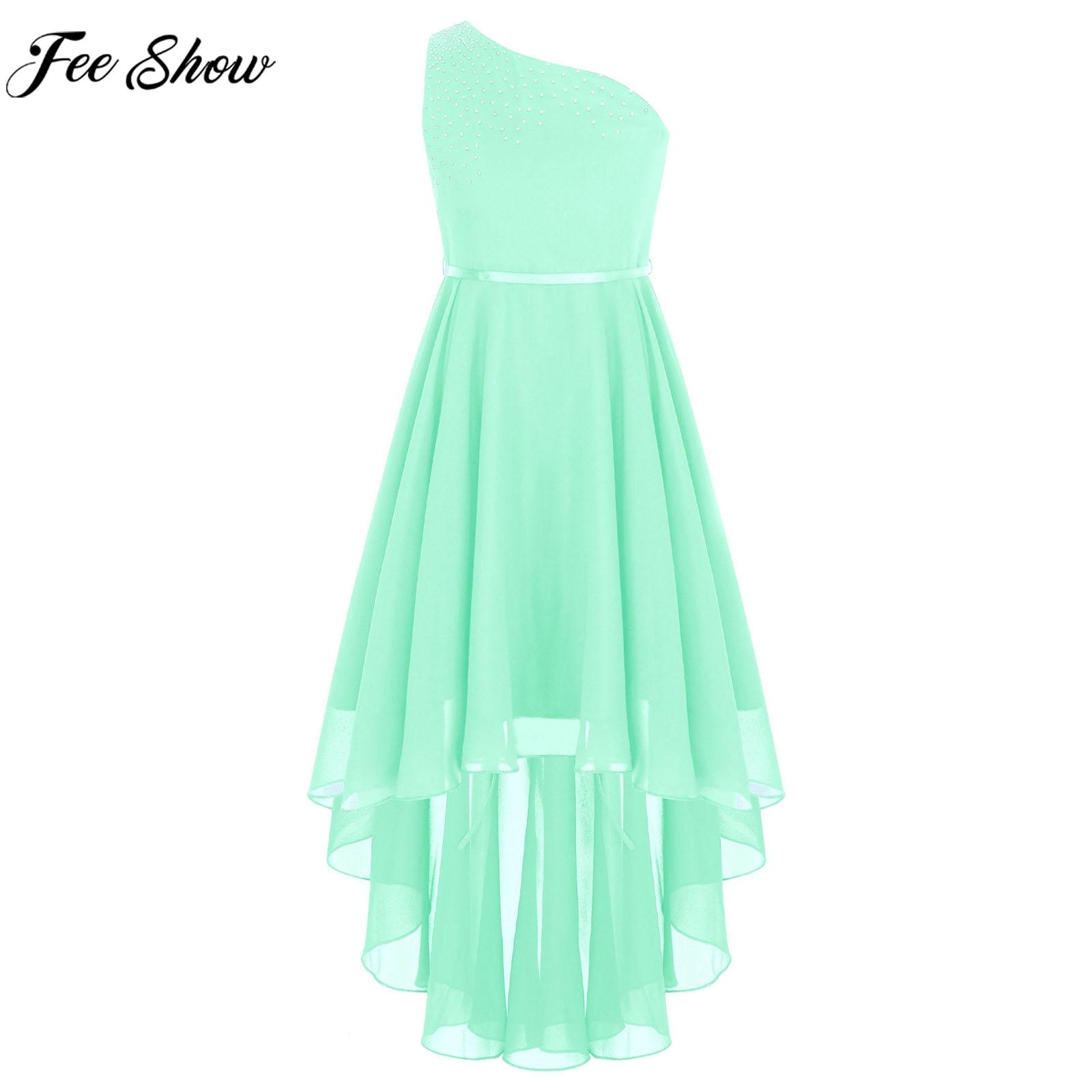 Children Wedding Flower Girls Dress Christmas Birthday Evening Party Dresses Shiny Rhinestone One-Shoulder Hi-Lo Chiffon Gown