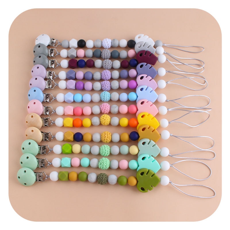 Wooden Baby Pacifier Clip Silicone Beads Nipple Chains Leaf Infant Pacifier Clip Chain Dummy Holder Soother Teething Chew Toys