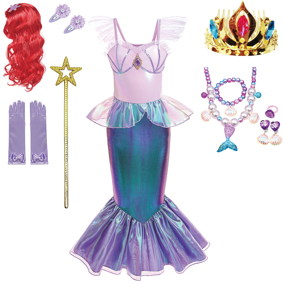 2023 Disney Princess Ariel Cosume Girl Fansy Dress Ruffle Clothes Party Carnival Cosplay Outfit Children Mermaid Gown 2 to 10Y