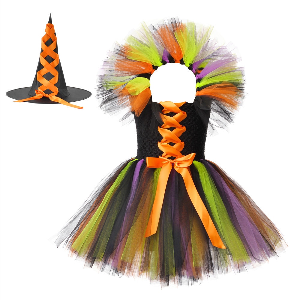 Girls Witch's Halloween Costume Oheng poncho Tutu Dress Orange Wizard Hat Dress Suit Party Coplay Clothes Kids Outfit