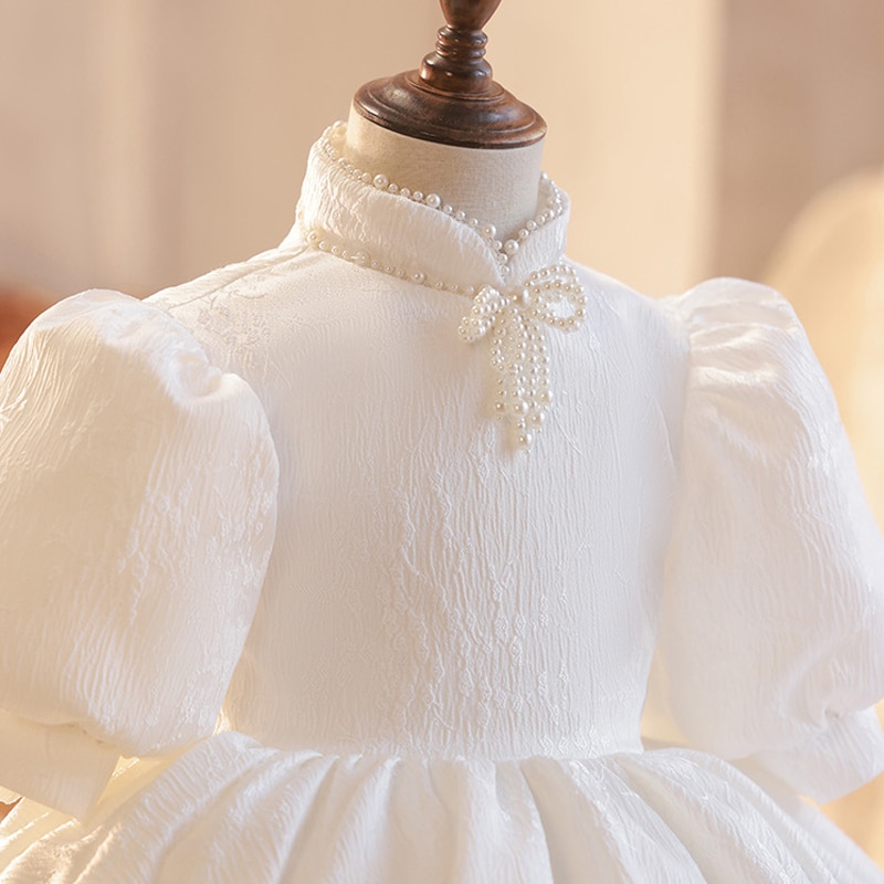Flower Girls Bow Dresses White Party Princess Dress Kids Pearl Shiny Bithday Ceremony Clothes Children Ball Gown For Wedding Eid