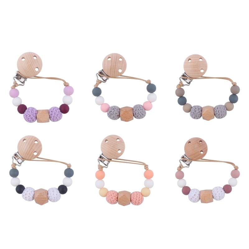 Wooden Bead Pacifier Clips Silicone Chain Holder Newborn Soother Chains Nipple Holder for Babies Teething Toy Baby