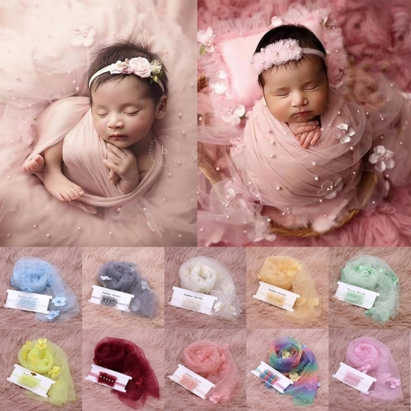 2Pcs Newborn Baby Photography Props Long Wrap Beads Flower Decoration DIY Girl Boy Photo Props Blanket with Headbands