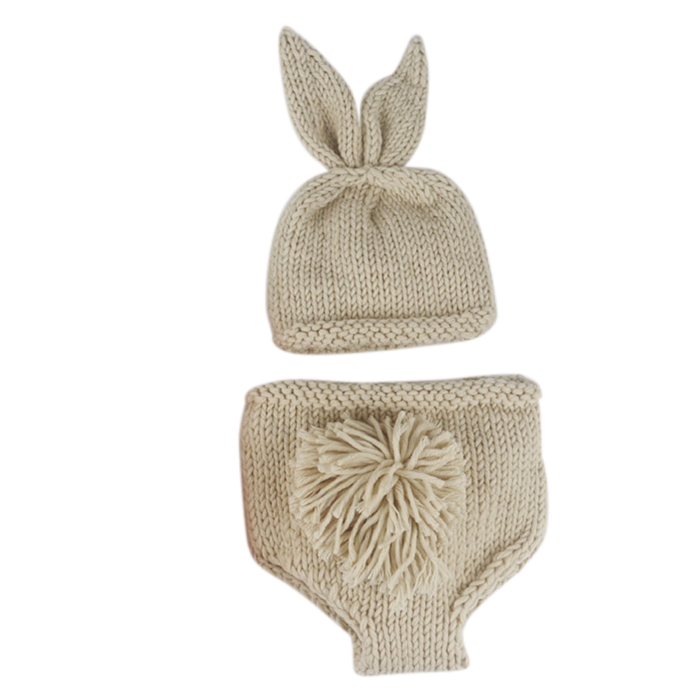 New Breathable Knitting Wool Hat Bunny Ear Short Pants Suit Newborn Photography Wholesale
