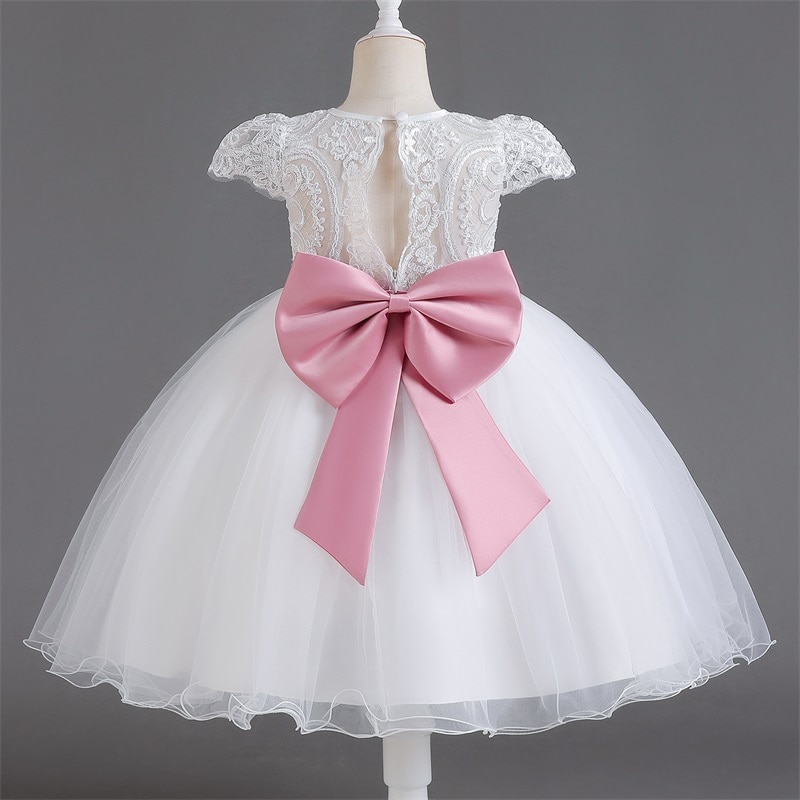Princess Flower Bow Dress for Girls Kids Wedding Beading Backless Lace White Dress Baby Girls Birthday Formal Occasion Costumes
