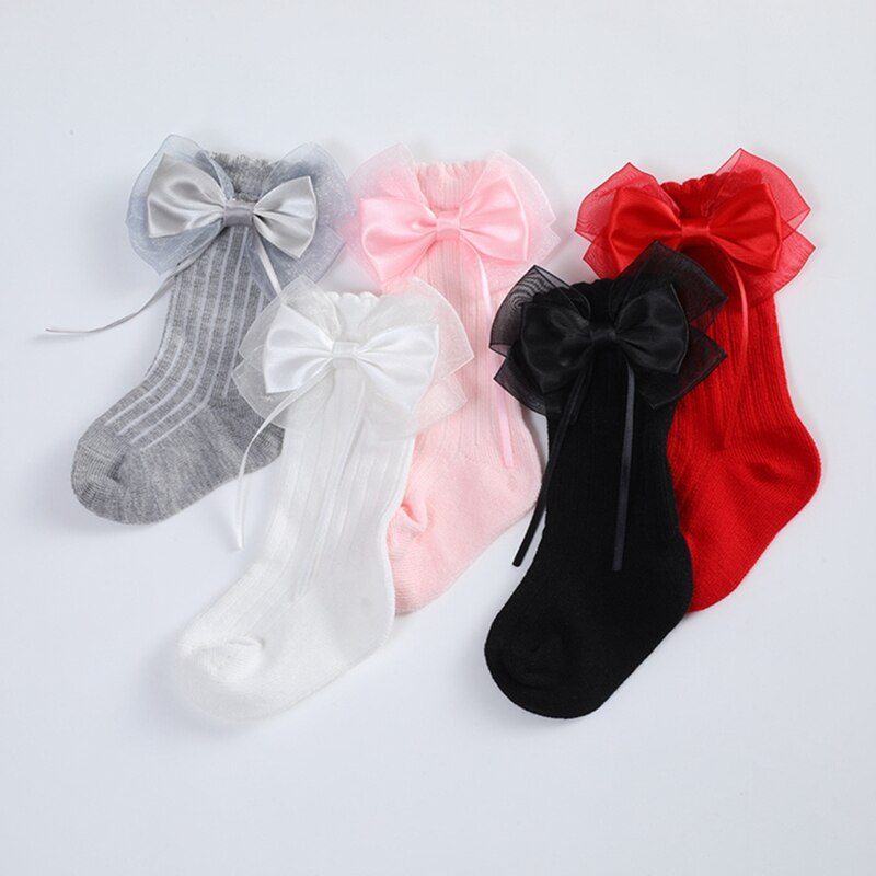 Infant Toddler Baby Girls Long Stockings Princess Solid Color Tassel Big Bowknot Socks Spring Cute Over-The-Knee Socks