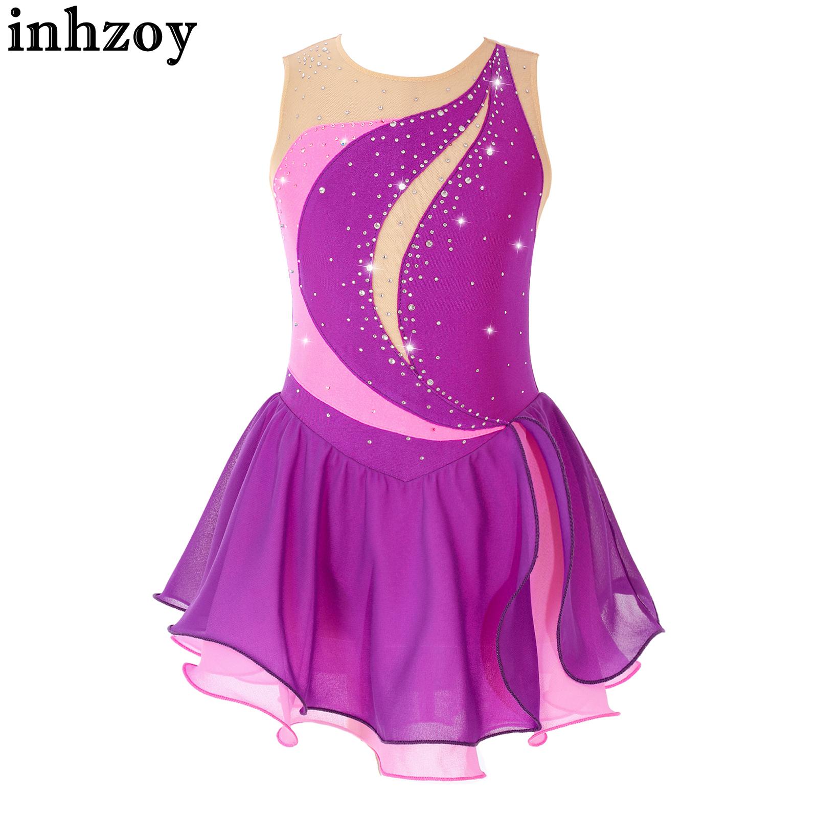 Kids Girls Figure Ice Skating Dress Costume Shiny Rhinestone Sleeveless Patchwork Hollow Back Ruffle Chiffon Dress Dancewear
