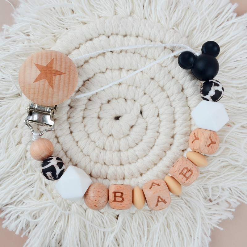 Personalized Name Baby Pacifier Clips Cartoon Wooden Dummy Nipples Holder Clip Chain Teething Toys Pacifiers Accessories Feeding