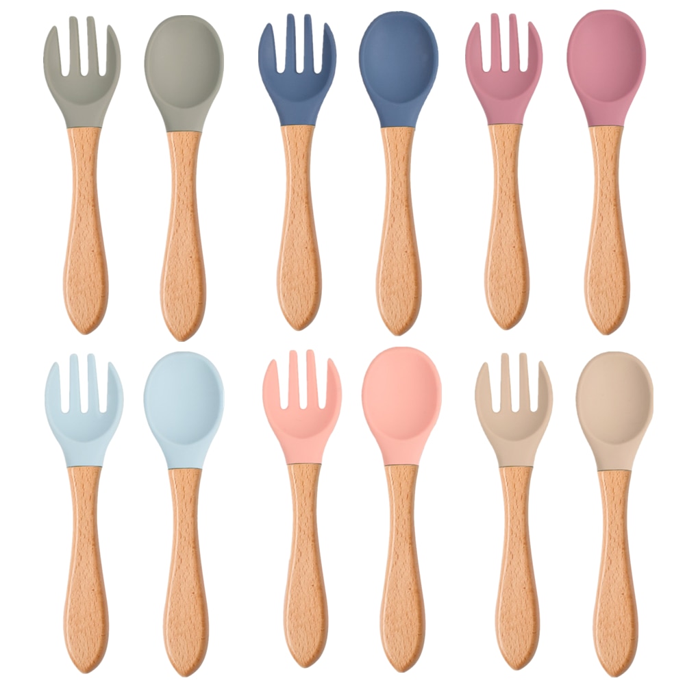 2pcs Baby Soft Silicone Spoon Fork Utensils Safety Baby Learning Wood Non-Slip Spoon Children Kids Boy Girl Food Feeding Tool