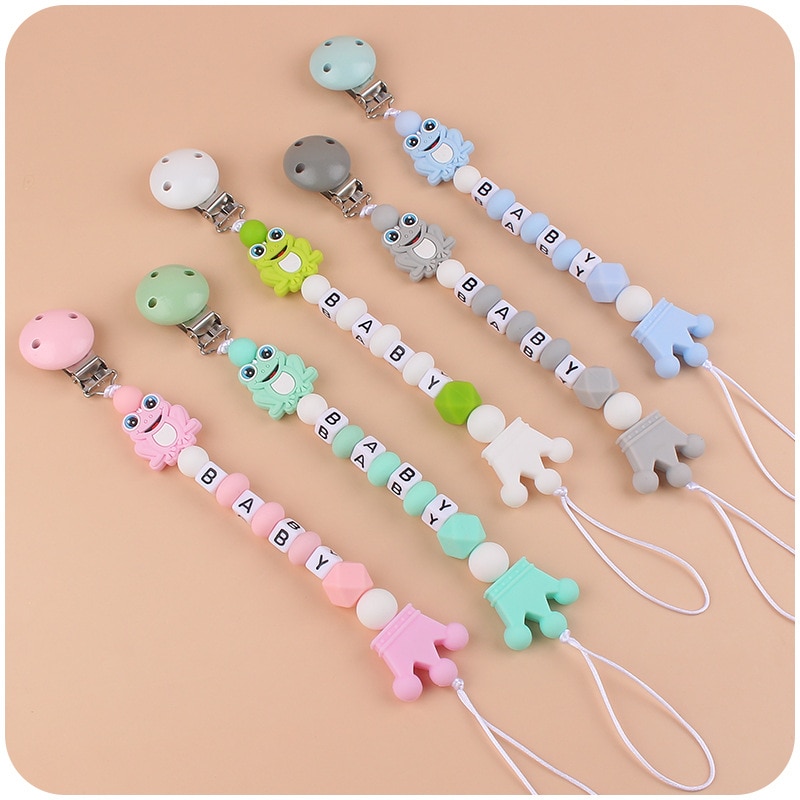 Custom Personalized Name Baby Nipple Chain Round Wooden Pacifier Clip For Cartoon Silicone Teether Chain Baby Teething Care Toy