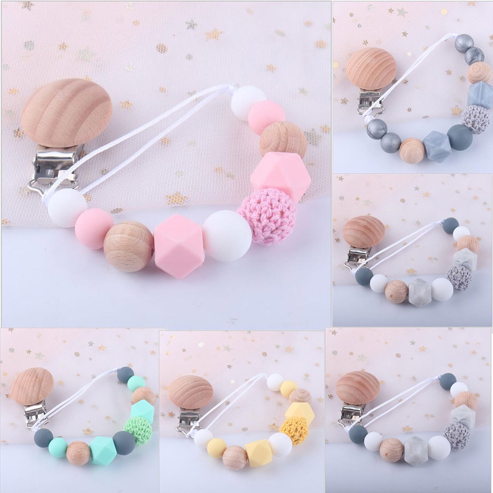Baby Pacifier Clips Silicone Beads Wooden Teething Chain Infant Nipple Clamp Dummy Holder Nipple Clip Newborns Chew Accessories