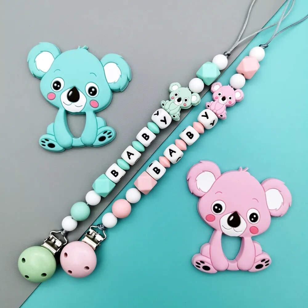 Custom English Silicone Letter Name Baby Silicone Koala Pacifier Clips Chains Teether Pendant Baby Pacifier Kawaii Teether Gifts