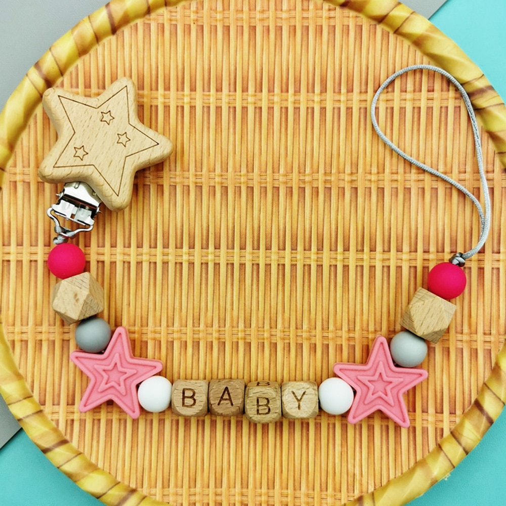 Customizable Beech English Letter Name Baby Silicone Pentagram Pacifier Clip Chain Teether Pendants Baby Pacifier Kawaii Teether