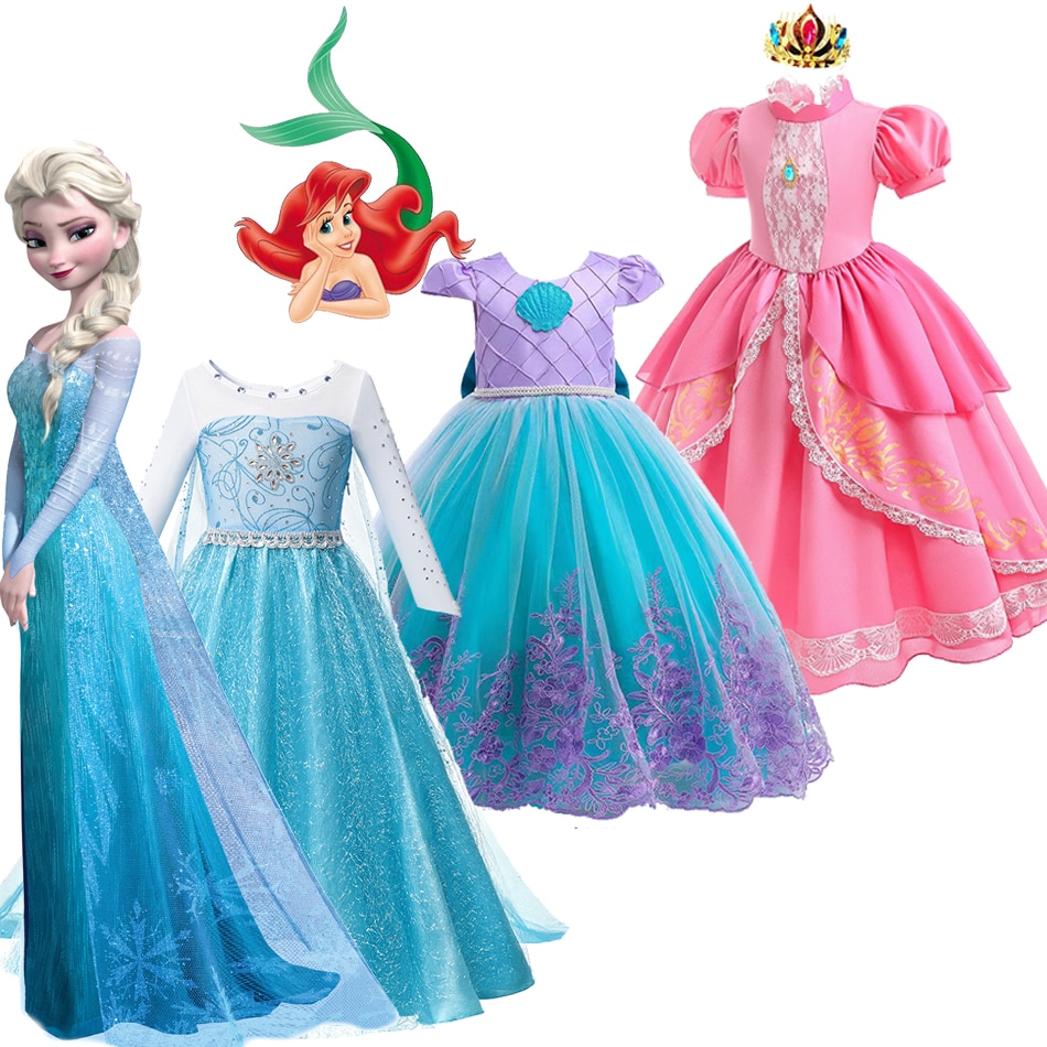 Frozen Elsa & Anna Princess Dress for Girls Fantasia Little Mermaid Ariel Princess Costume Kids Halloween Princesa Peach Ves