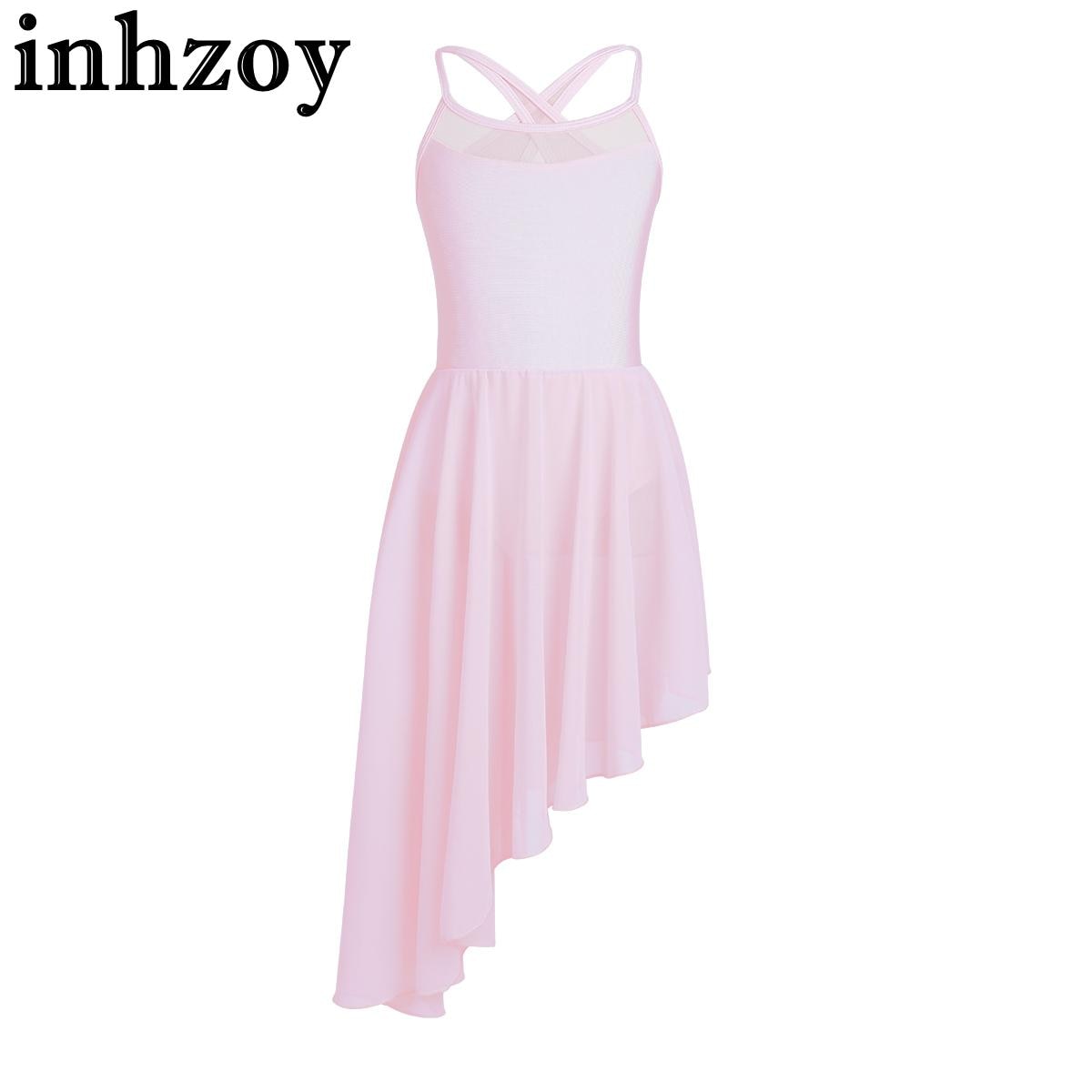 Kids Girls Irregular Hem Dance Dress Spaghetti Shoulder Straps Cutout Back Mesh Spliced Leotard Dress for Latin Dance Gymnastics