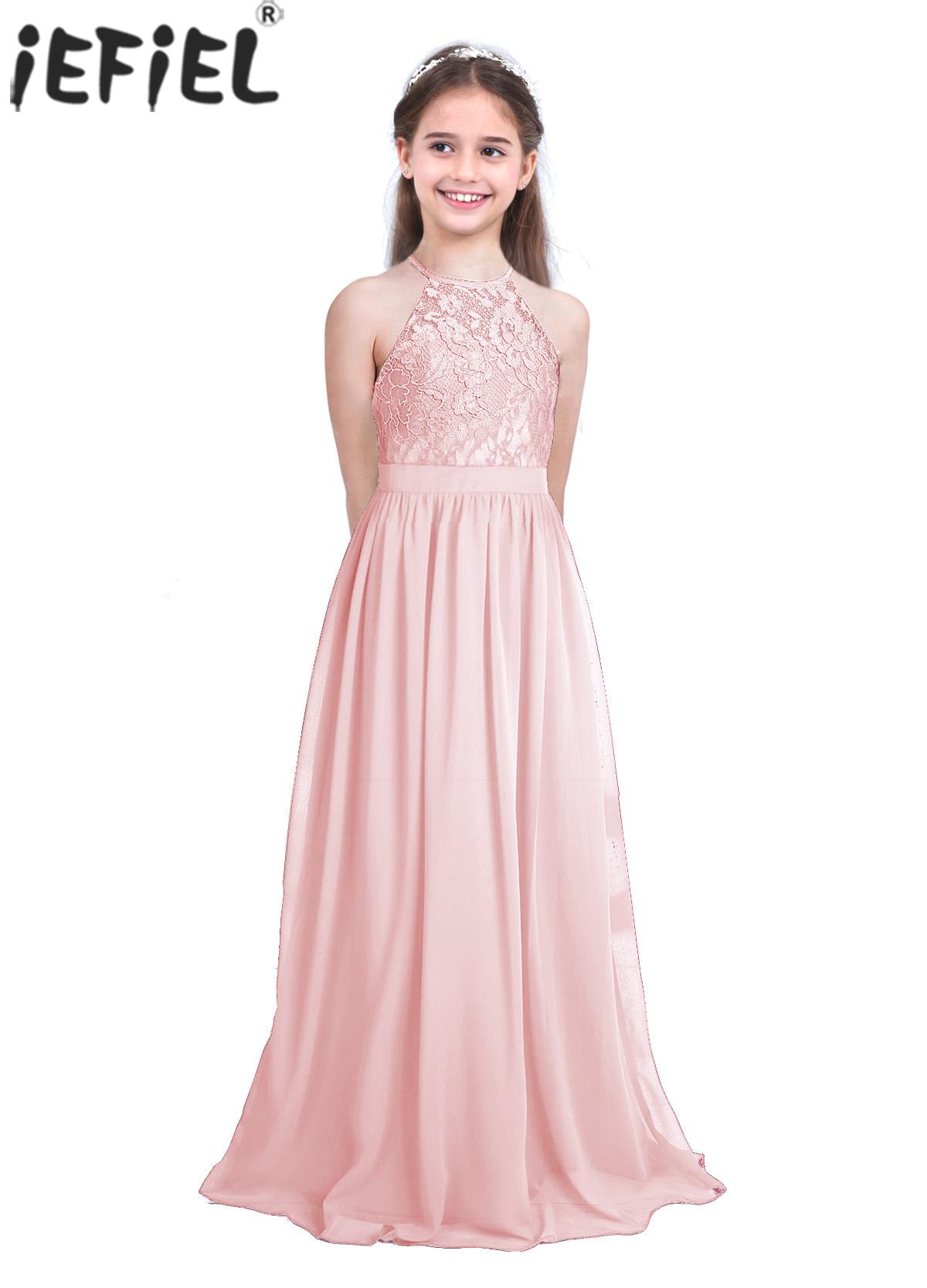 Kids Flower Girls Lace Chiffon Dress Elegant Princess Pageant Party Birthday Wedding Bridesmaid Dresses Teen Formal Evening Gown