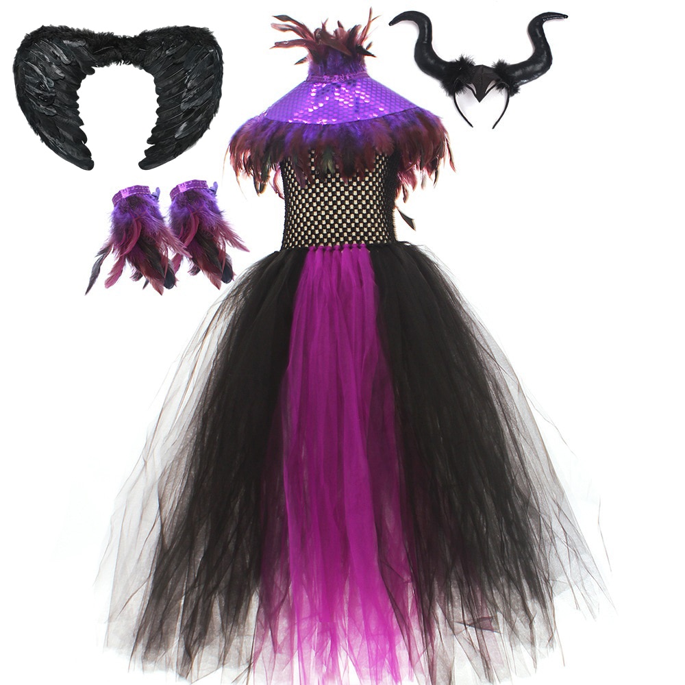 2023 Halloween Witch Dress Sequin Children Clothing Feather Collar Long Dress Vampire COS Role-Playing Suits Carnival Party Wear