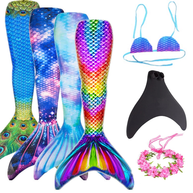 Girls Mermaid Tail Swimsuit Children the Little Mermaid Costume Cosplay Beach Clothes Dress Bathing Suit can add Monofin Fin