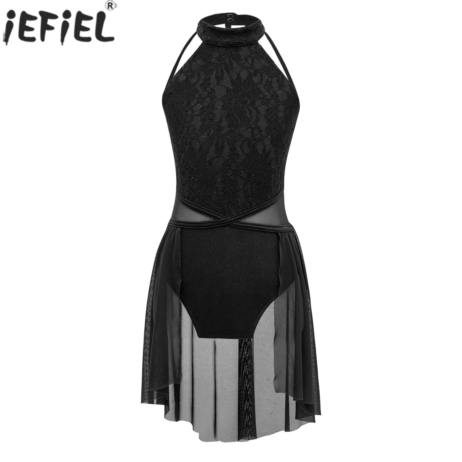 6-16Y Kids Girls Ballet Lyrical Dance Dress Gymnastics Figure Skating Leotard Tutu Sleeveless Floral Lace Bodysuit Dancewear