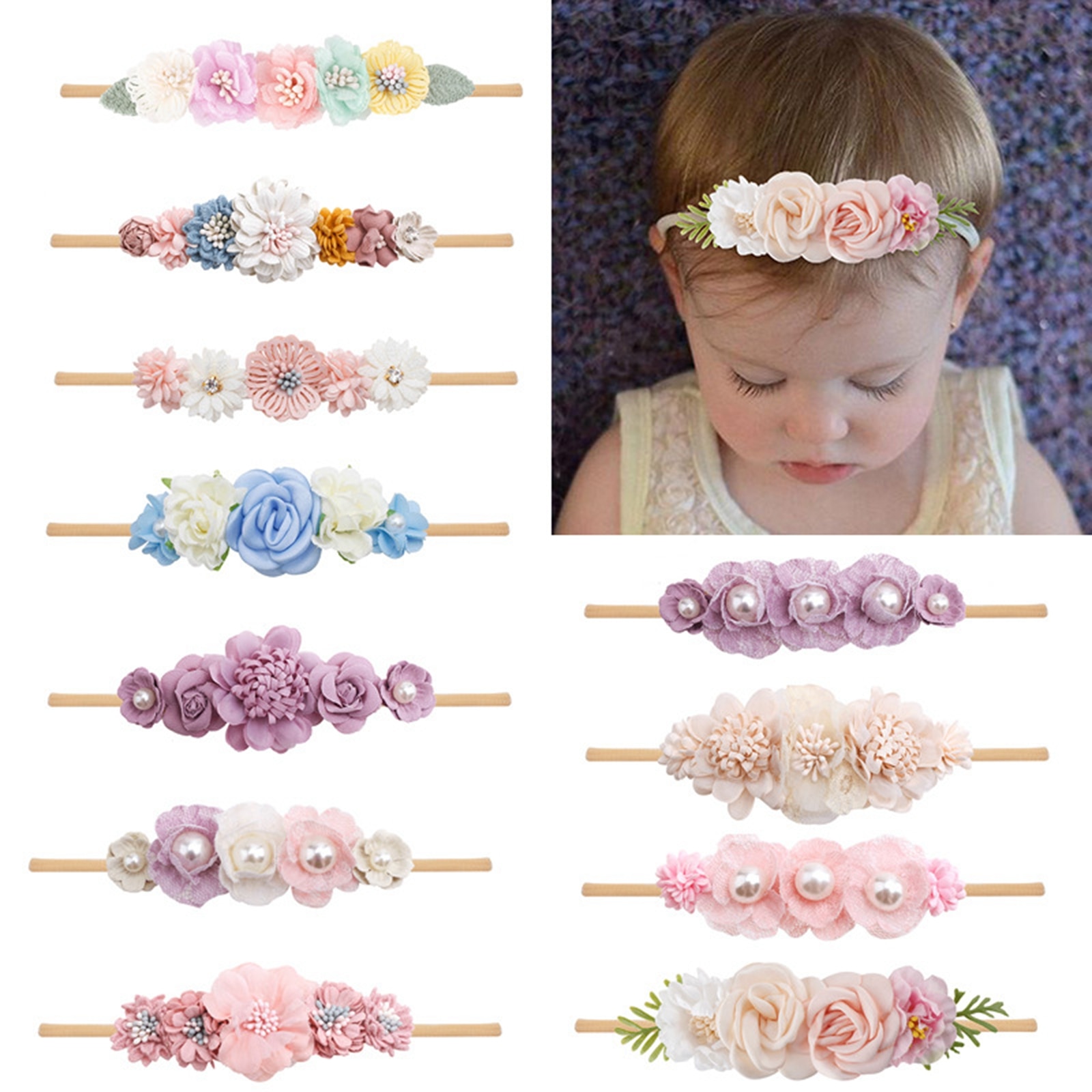 Newborn Baby Girls Headbands Soft Elastic Flower Head Wraps Photo Props Hair Accessories for Infant