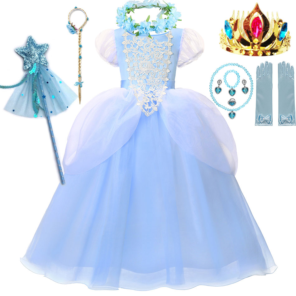 Disney Princess Cinderella Dress Girl's Elegant Blue Dresses Party Carnival Outfit Flower Dress Up Kid Girl Fantasia New Co