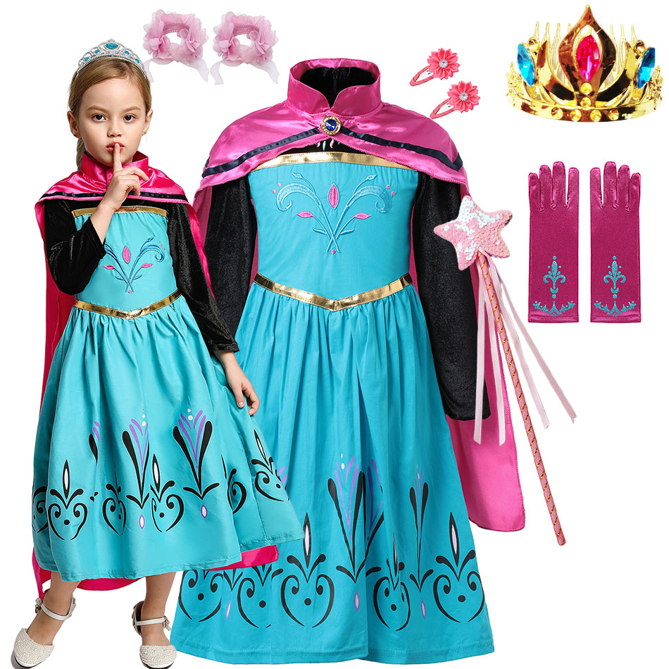 Disney Frozen Princess Elsa Dress Girls Cosplay Costume Elegant Dresses with Cloak Birthday Party Frock Snow Queen Clothes