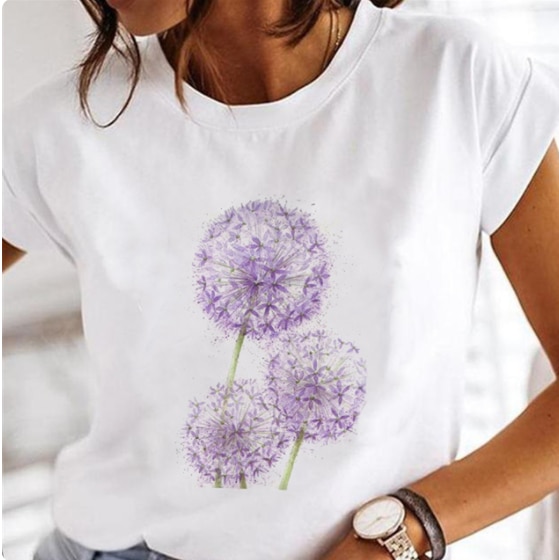 G018 Women Dandelion T-shirts Fashion Clothing Cartoon Clothes Watercolor Short Sleeve Spring Summer Female Tee Graphic Tshirt