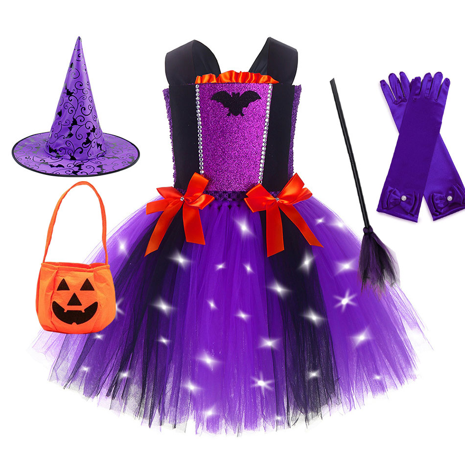Girls Halloween Costume Led Light-up Clothes Witch Purple Tulle Dress Cosplay Outfit with Hat Birthday Prom Tutu Gown 2-9 Years